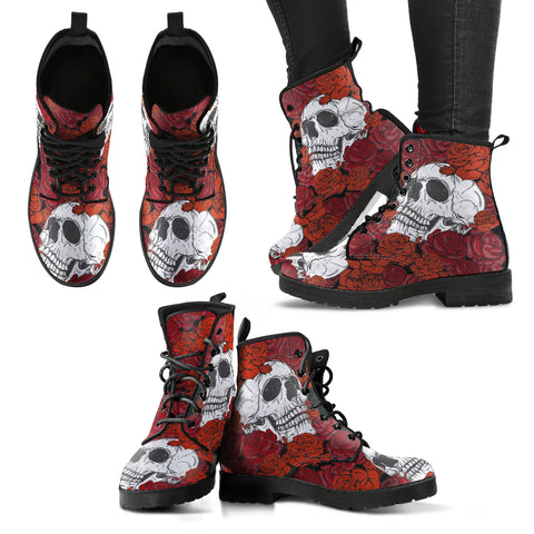 Skull and Roses Women's Leather Boots, Vegan Leather Boots
