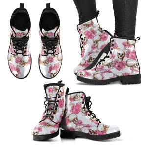 Skull With Pink Flowers Women's Leather Boots