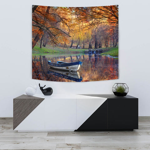 Image of Boat on the lake in the autumnal forest