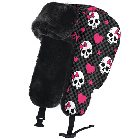 Image of Hearts And Skulls Trapper Hat, Pink Skulls, Trapper Hat