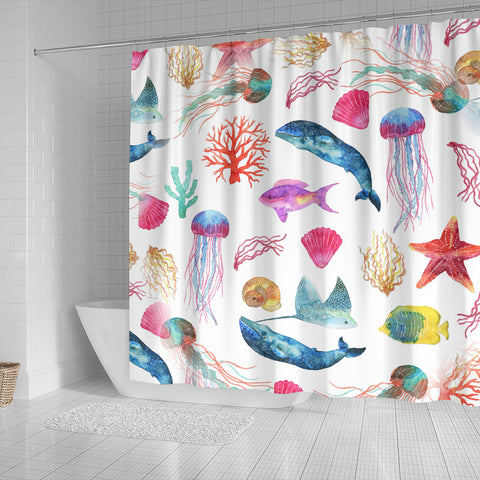 Watercolor Ocean Shower Curtain with Whales Fish Starfish and Jellyfish