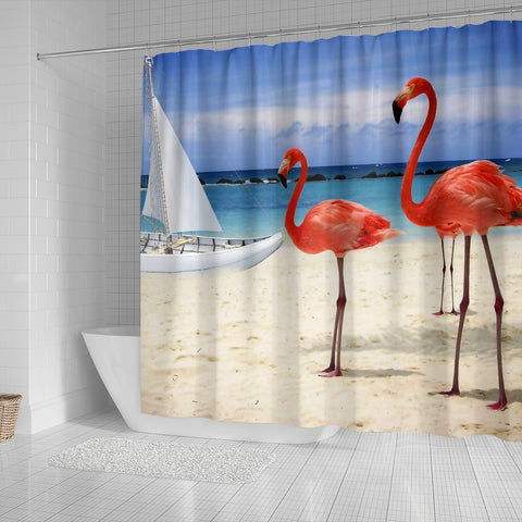 Beach and Flamingos Shower Curtain