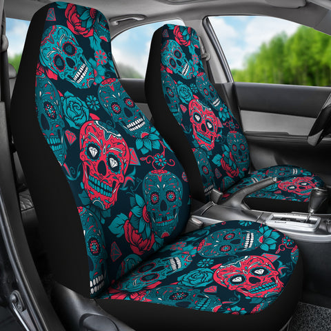Image of Red & Blue Sugar Skull Car Seat Covers