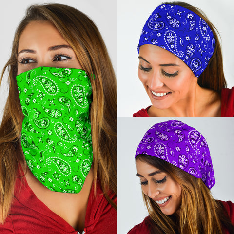 Image of Neck Gaiter Face Mask Classic Bandana Design 3-Pack Purple, Green, Blue
