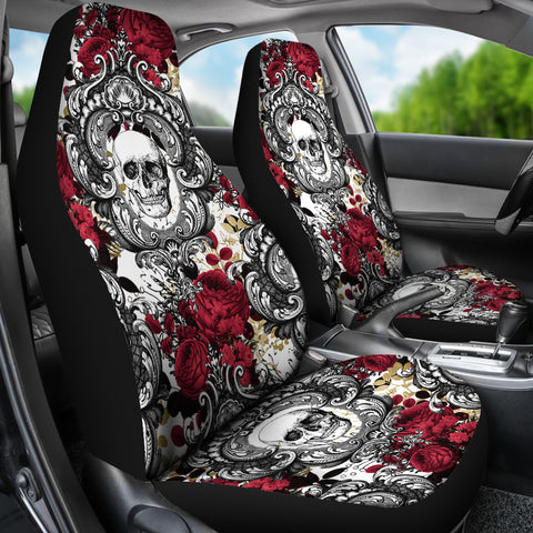 Image of Gothic Skull and Red Roses Universal Bucket Seat Covers