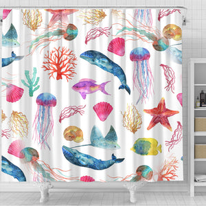 Watercolor Ocean Shower Curtain with Whales Fish Starfish and Jellyfish