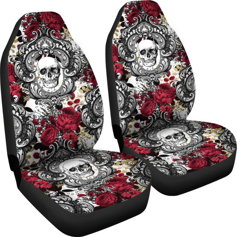 Image of Gothic Skull and Red Roses Universal Bucket Seat Covers