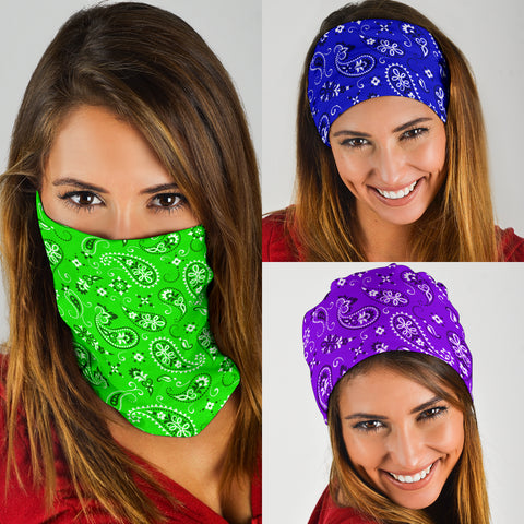 Image of Neck Gaiter Face Mask Classic Bandana Design 3-Pack Purple, Green, Blue