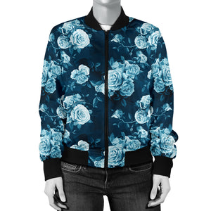 Blue Floral Pattern Bomber Jacket