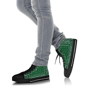 Hunter Green Bandana Style Men's High Top Shoes With Black or White Sole, High Top Sneakers, Hunter Green Bandana