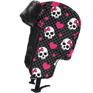Hearts And Skulls Trapper Hat, Pink Skulls, Trapper Hat